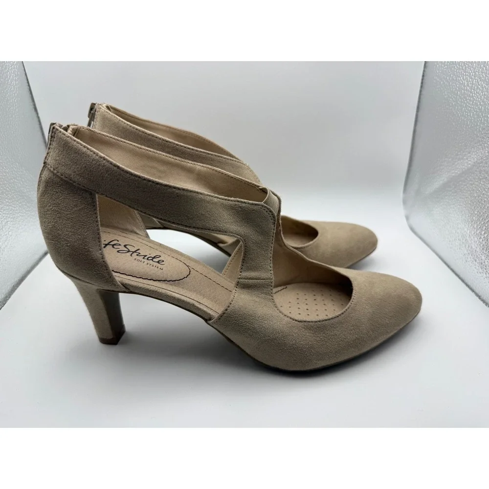 LifeStride Giovanna 2 Pump Beige Suede‎ Cutout Block Heel Zipper Women 9W